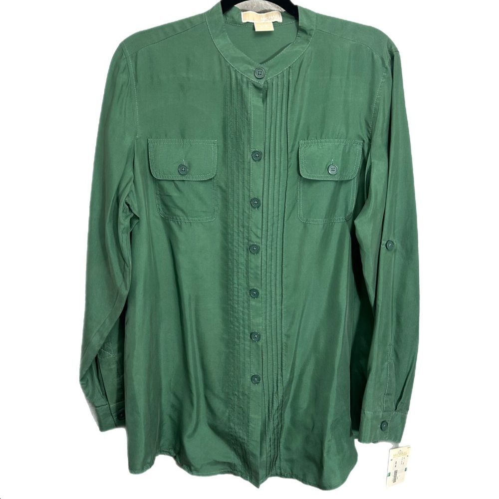 NWT Michael Michael Kors Women’s Large Solid Green Silk Long Sleeve Button Down
